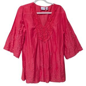 Chico's embroidered 3/4 sleeve top size 12 silk blend lace coral kimono Flaw